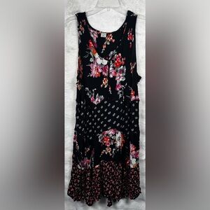 Bila Black Floral Sleeveless Midi Dress with Pink & Red Accents